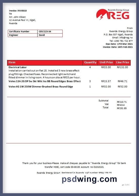 Rwanda Energy Group Electricity Utility Bill